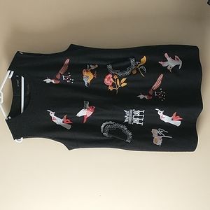Black Sleeveless Birds Embroidered Wool Blend Shirt Tank Dress
